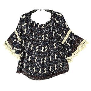 Paradise Top Womens S Blue 3/4 Off Shoulder Lace Tassels Boho Peasant Blouse